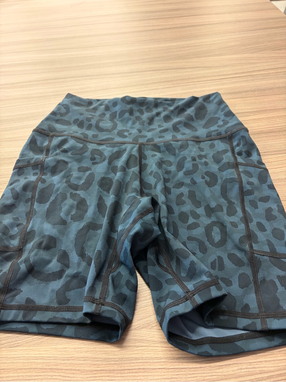 High-Waist Teal Leopard Bike Shorts with Side Pockets- M